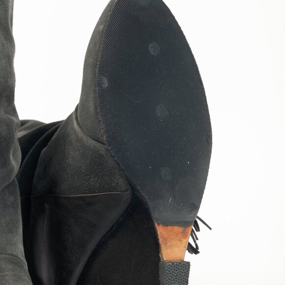 Isabel Marant Manly Anthracite Leather & Suede Fringe Knee-High Wedge Boots - Picture 5 of 9